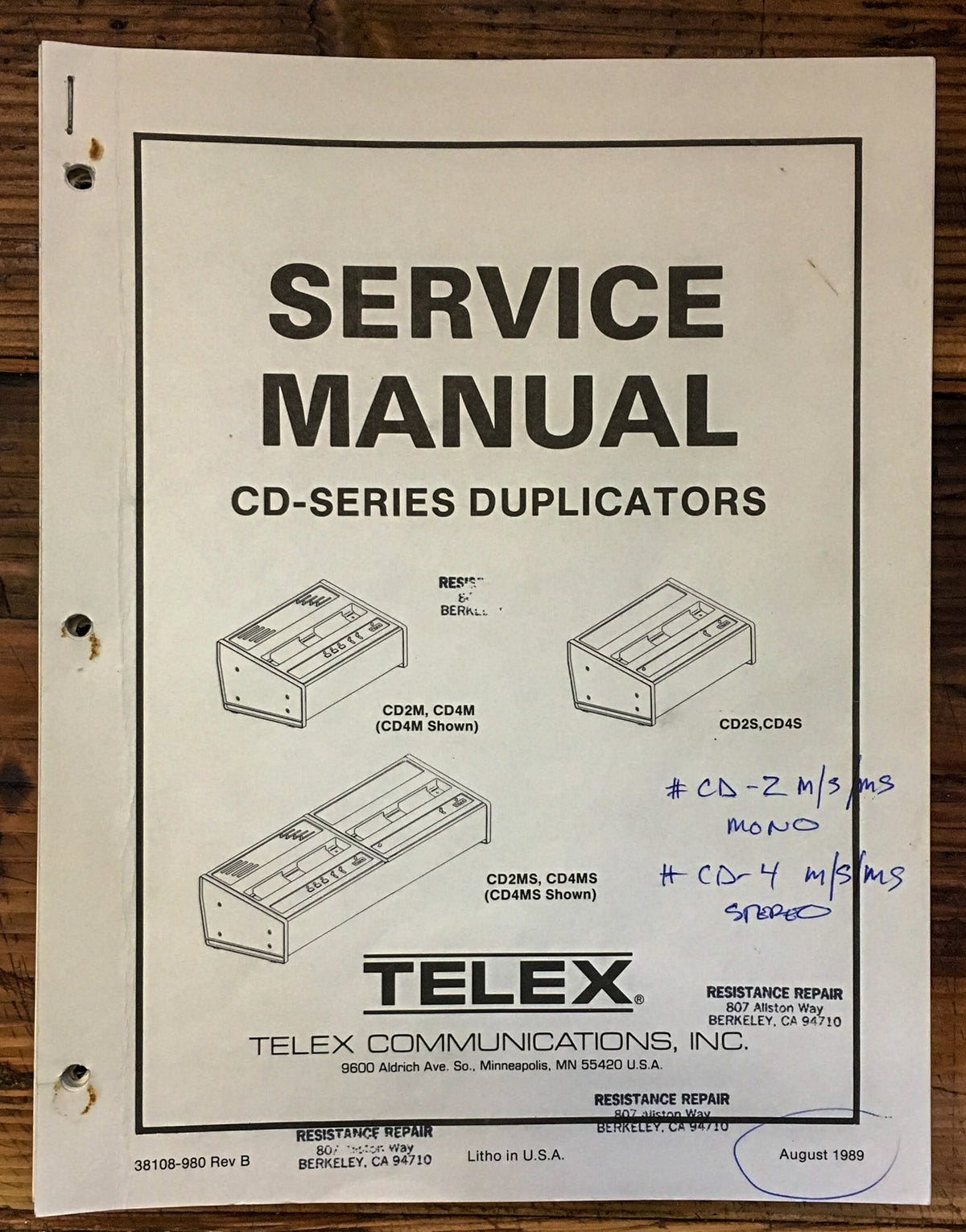 Telex CD2M CD4M CD2MS CD2S CD4S CD Duplicator Service Manual *Original*