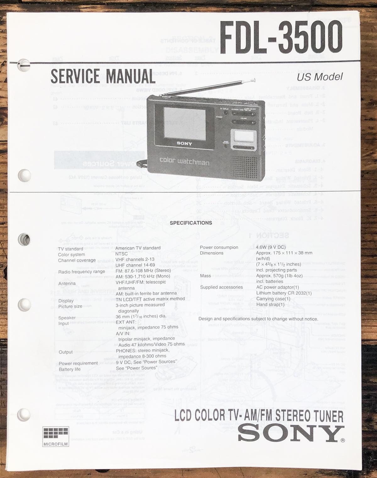 Sony FDL-3500 Watchman / TV Service Manual *Original*