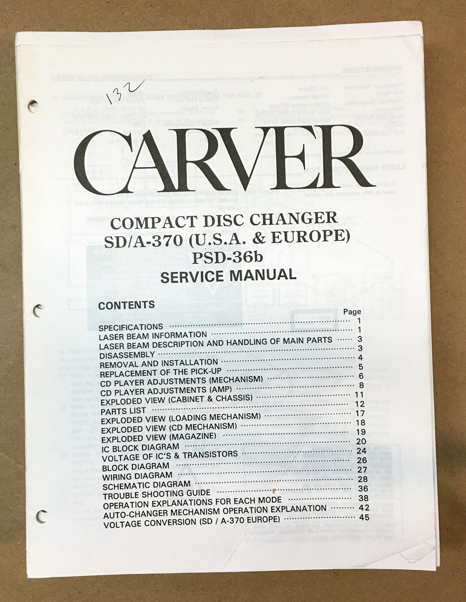 Carver SD/A-370 CD Player Service Manual *Original*