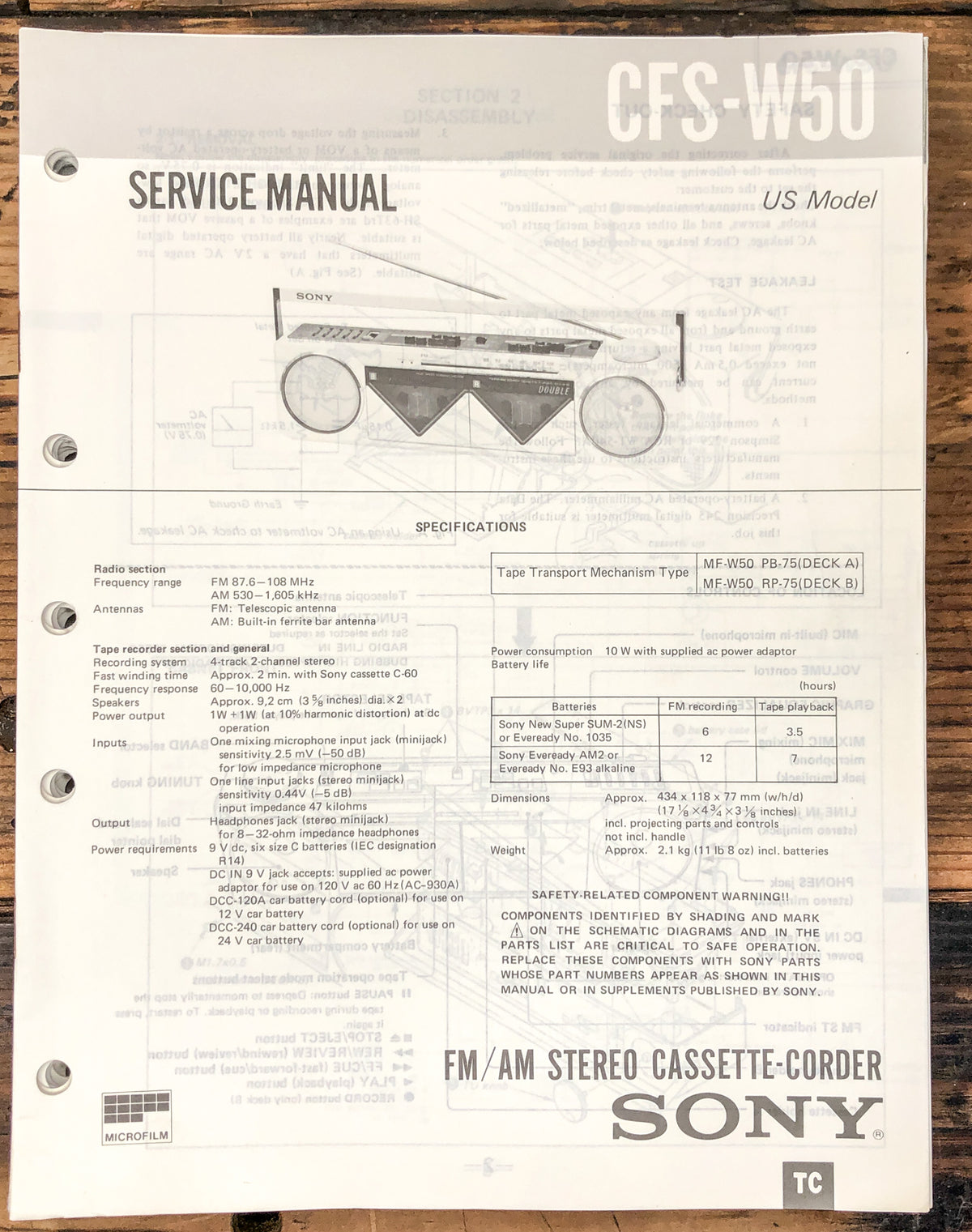 Sony CFS-W50 Radio / Boombox Service Manual *Original*