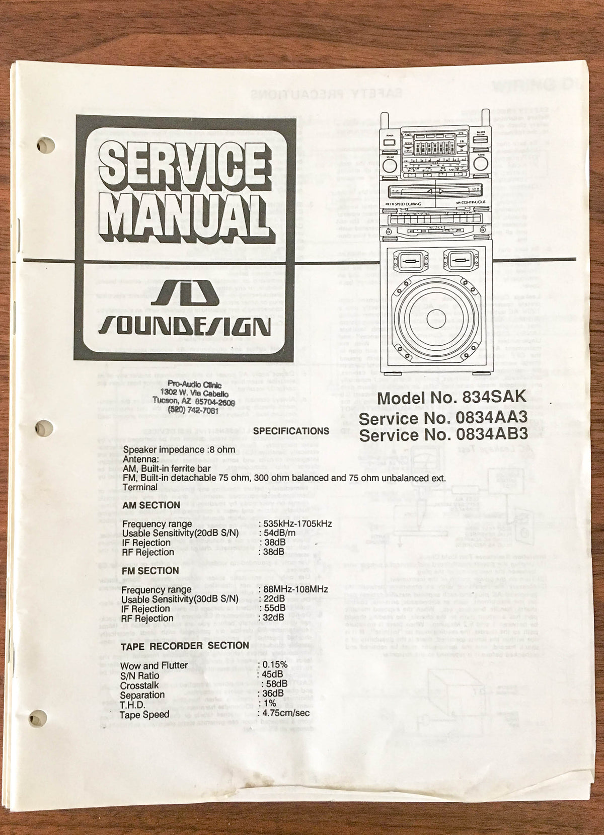 SoundDesign Sound Design Model 834SAK 834AA3 834AB3 Service Manual *Original*