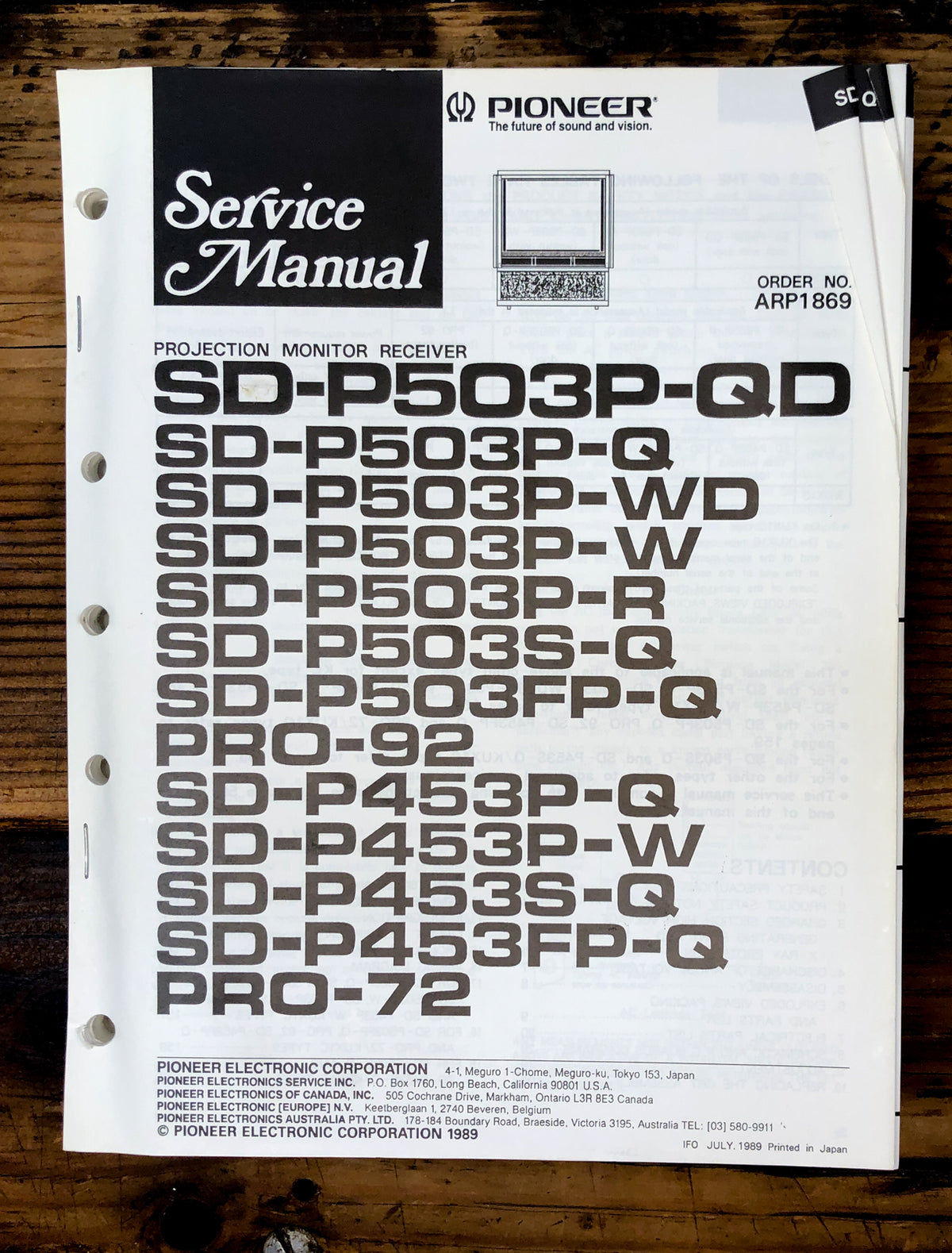 Pioneer SD-P503P-QD -P503P PRO-72 -P453S TV Monitor Service Manual *Original*