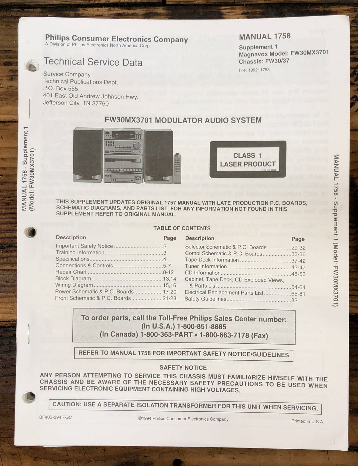 Magnavox FW30MX3701 Stereo Service Manual *Original* #1