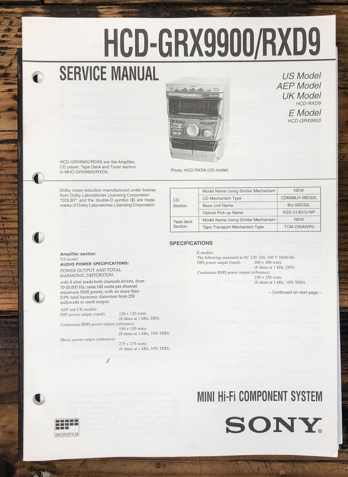 Sony HCD-GRX9900 -RXD9 Stereo Service Manual *Original*