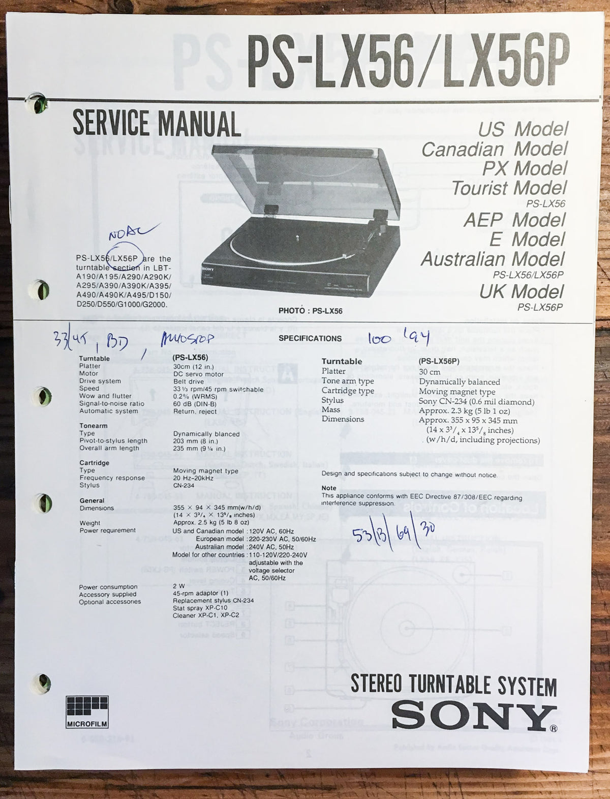 Sony PS-LX56 -LX56P Turntable Service Manual *Original*