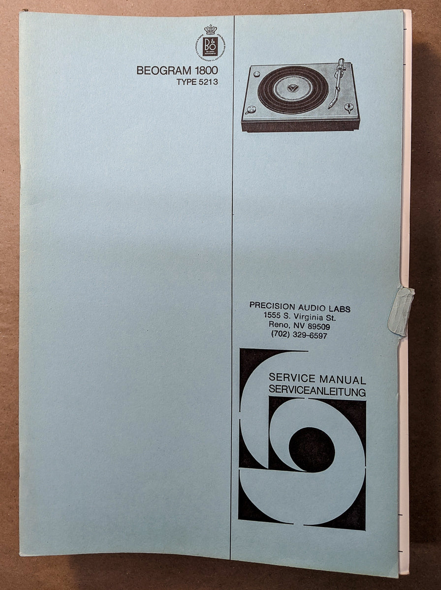 B&O Bang & Olufsen Beogram 1800 Type 5213 Turntable Service Manual *Original
