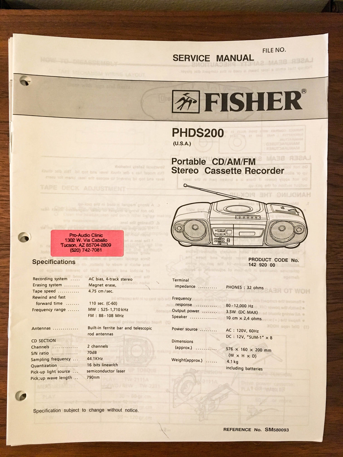 Fisher PH-DS200 PHDS200 Boombox Radio Service Manual *Original*