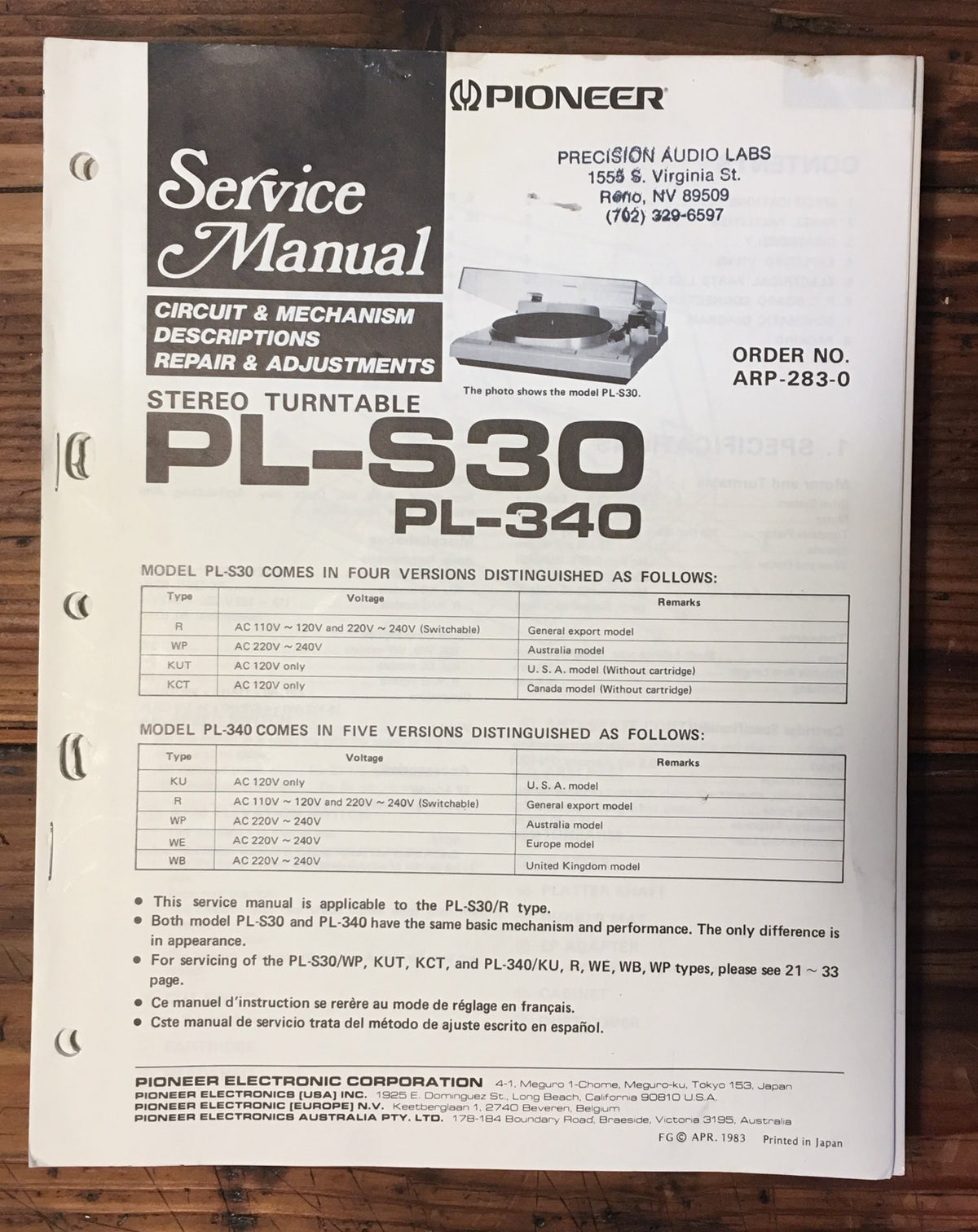 Pioneer PL-S30 PL-340 Record Player / Turntable Service Manual *Original* #1