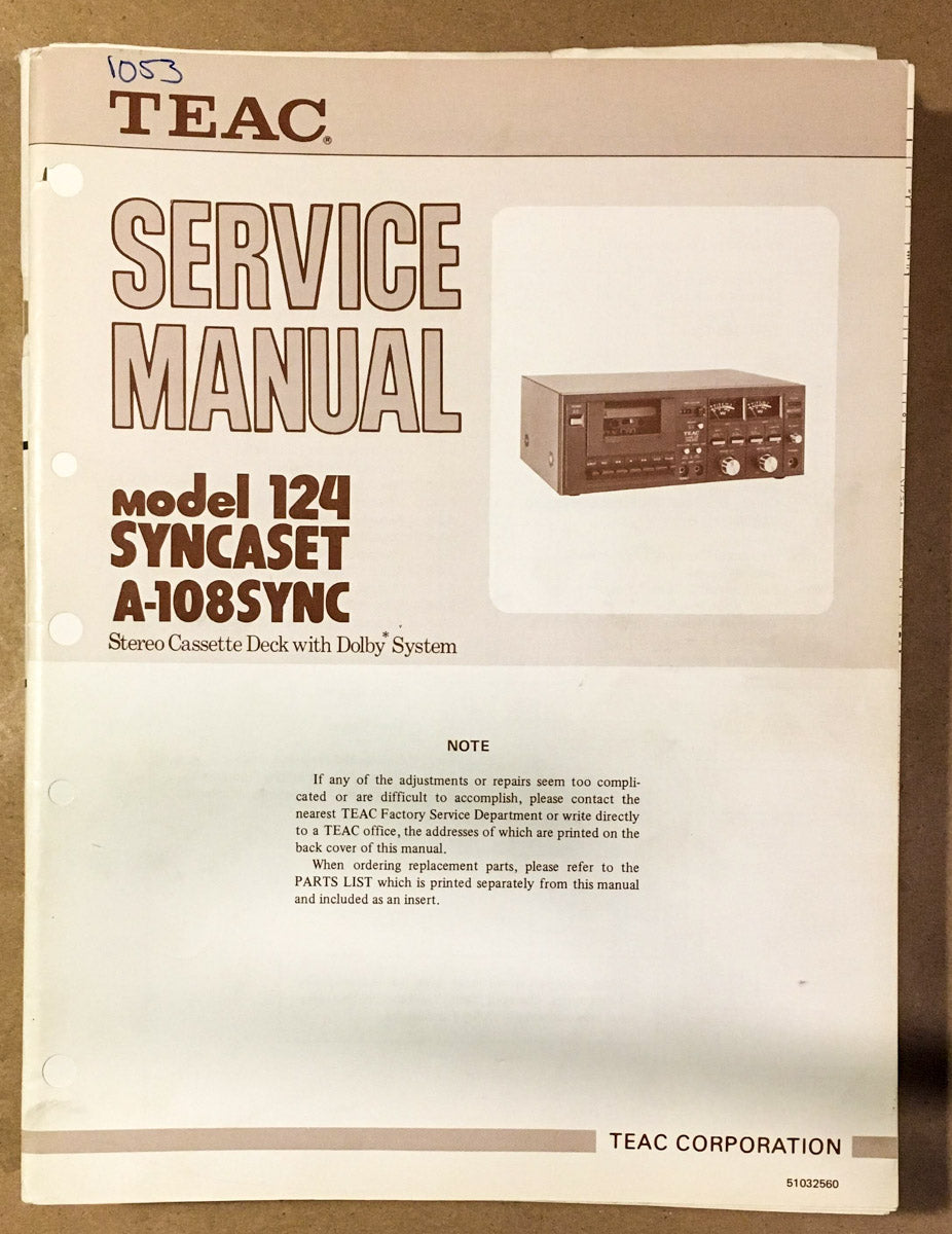 Teac / Tascam Model 124 Syncaset A-108 Sync Cassette Service Manual *Original*
