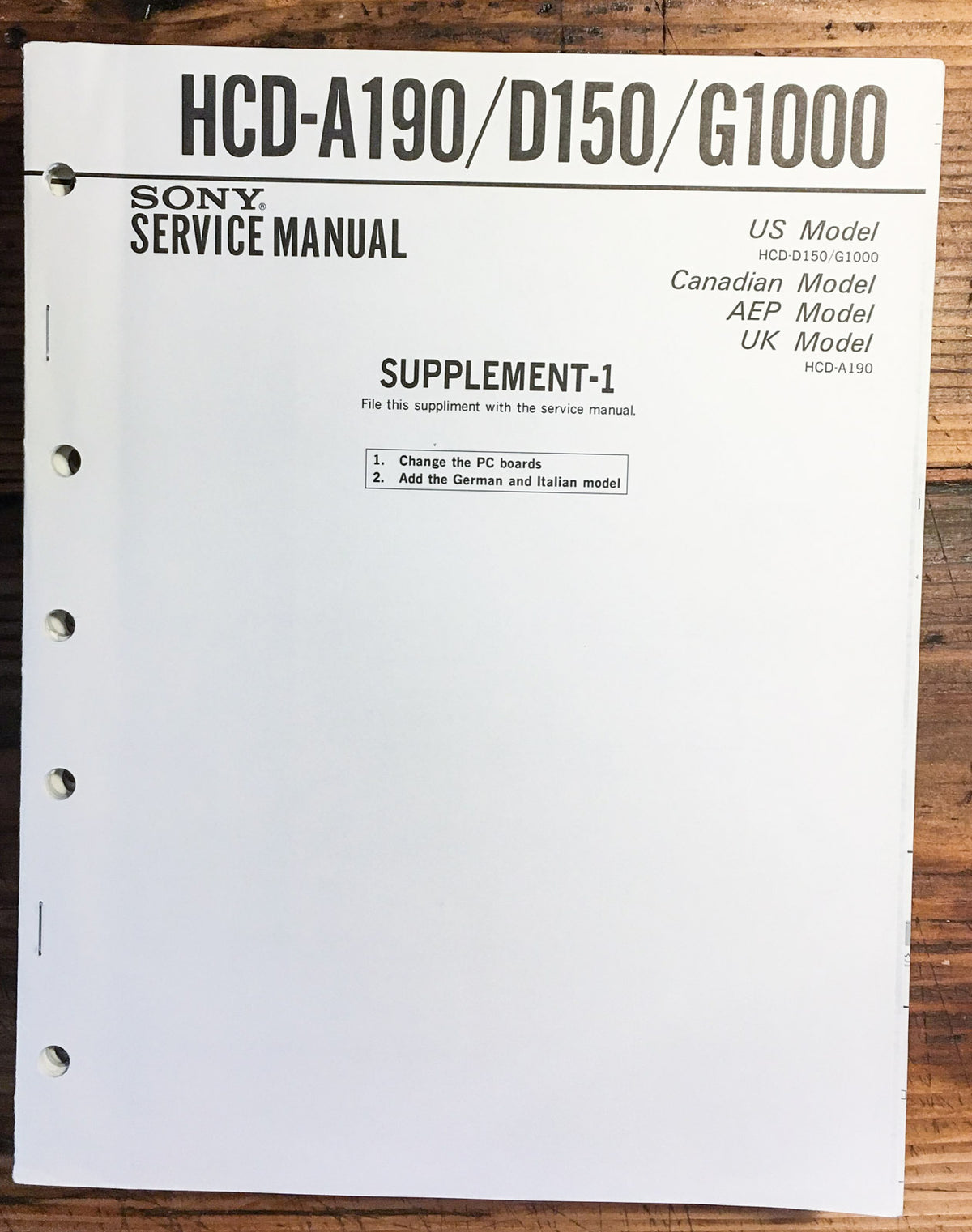 Sony HCD-A190 HCD-D150 HCD-G1000 Stereo Service Manual Supplement *Original*
