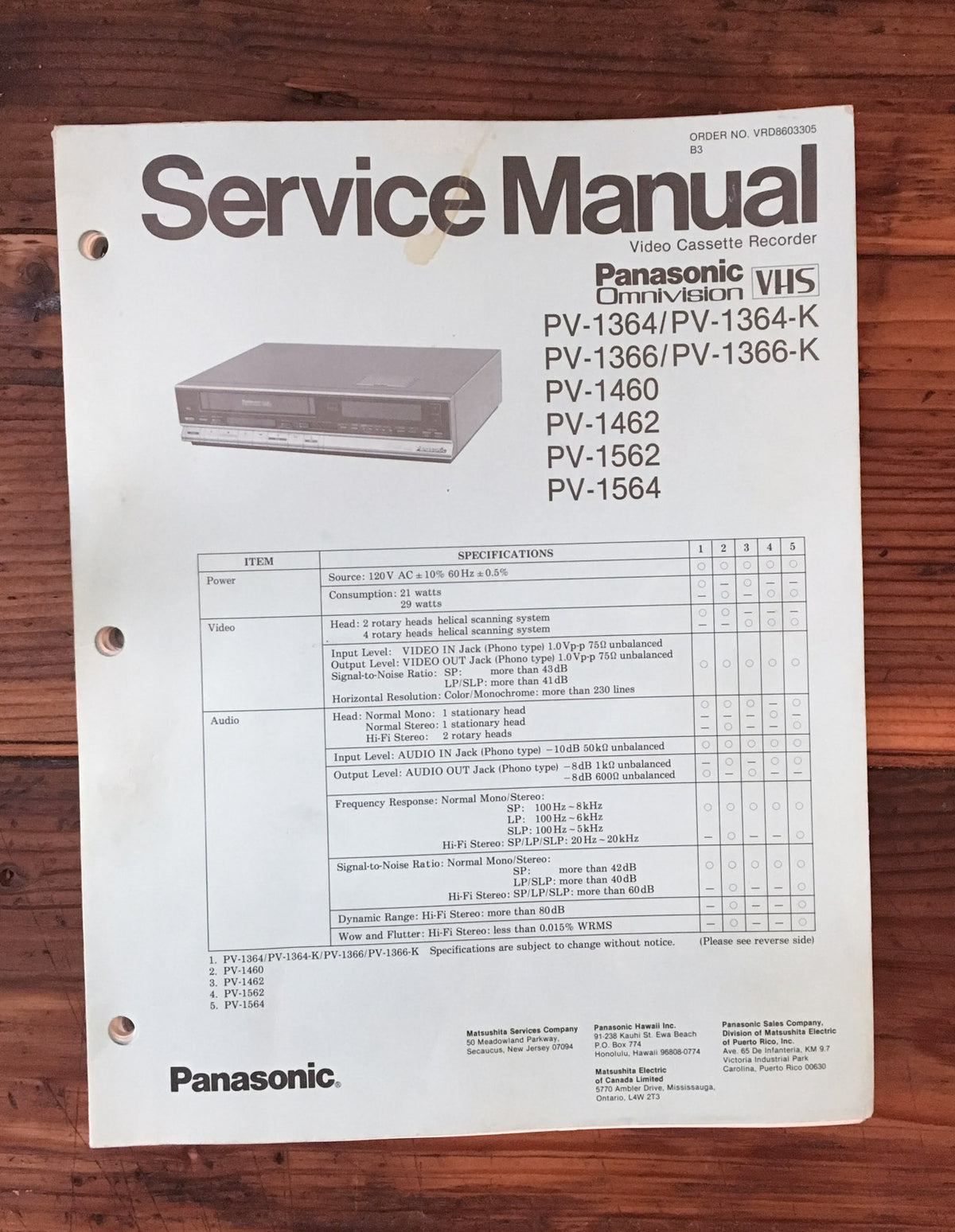 Panasonic PV-1364 -1366 -1460 -1562 -1564 VCR Service Manual *Original*
