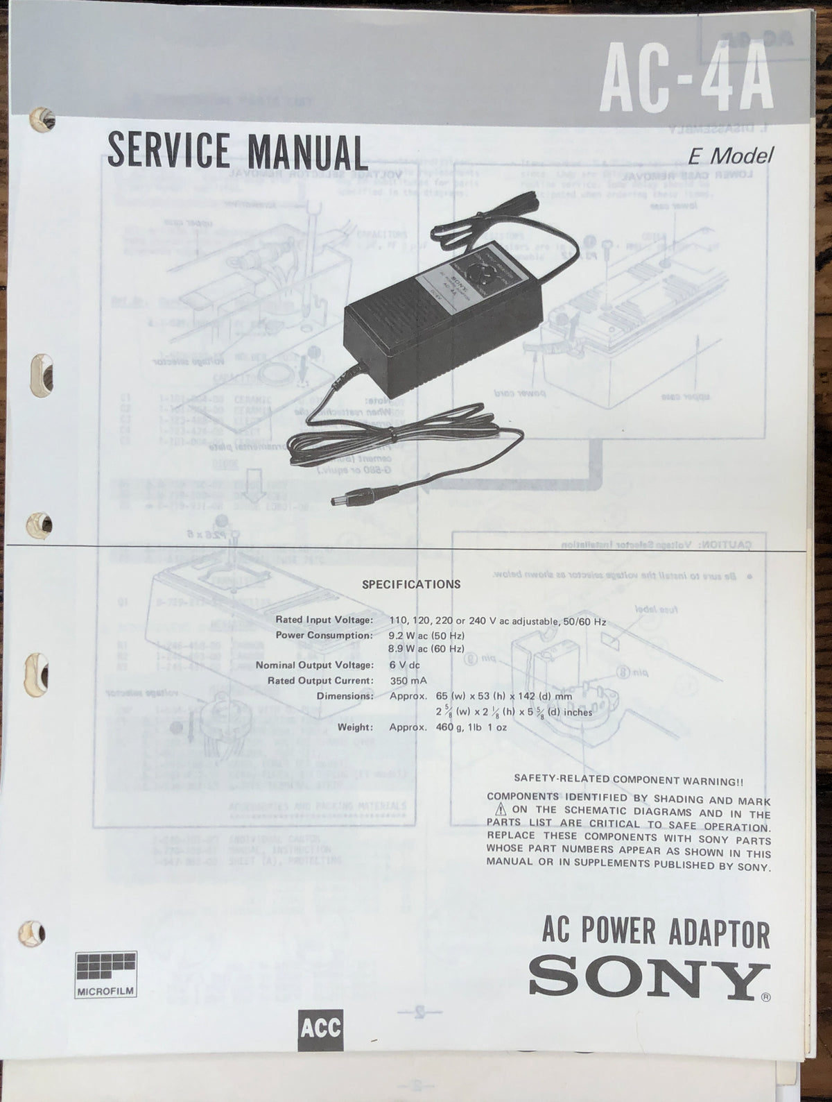 Sony AC-4A Charger Service Manual *Original*