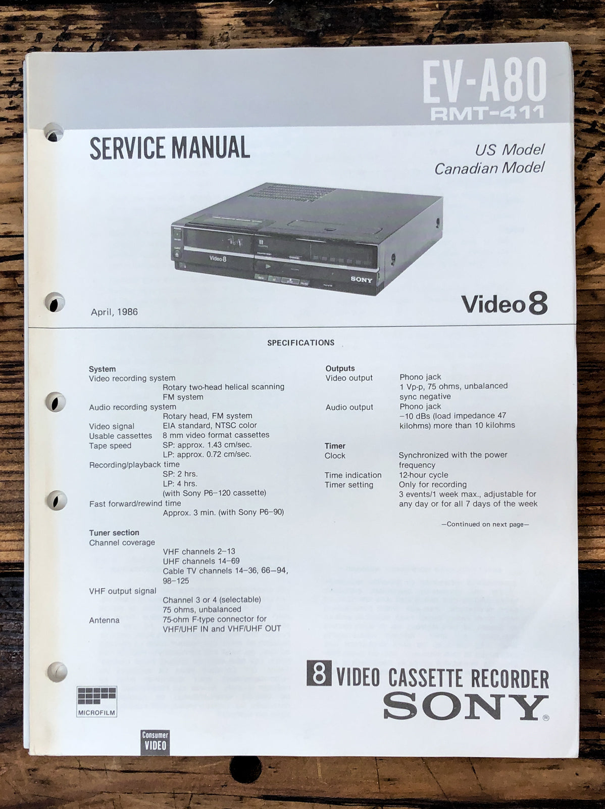 Sony EV-A80 Video 8 VCR Operation / User Manual *Original*