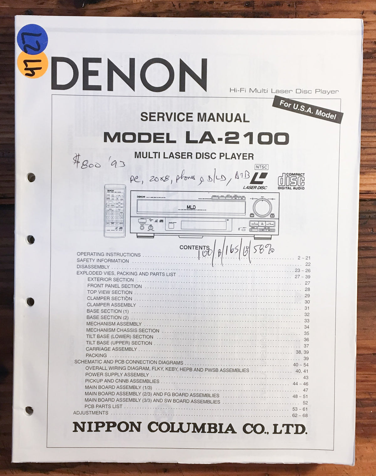 Denon LA-2100 Multi Laser Disc Player Service Manual *Original*