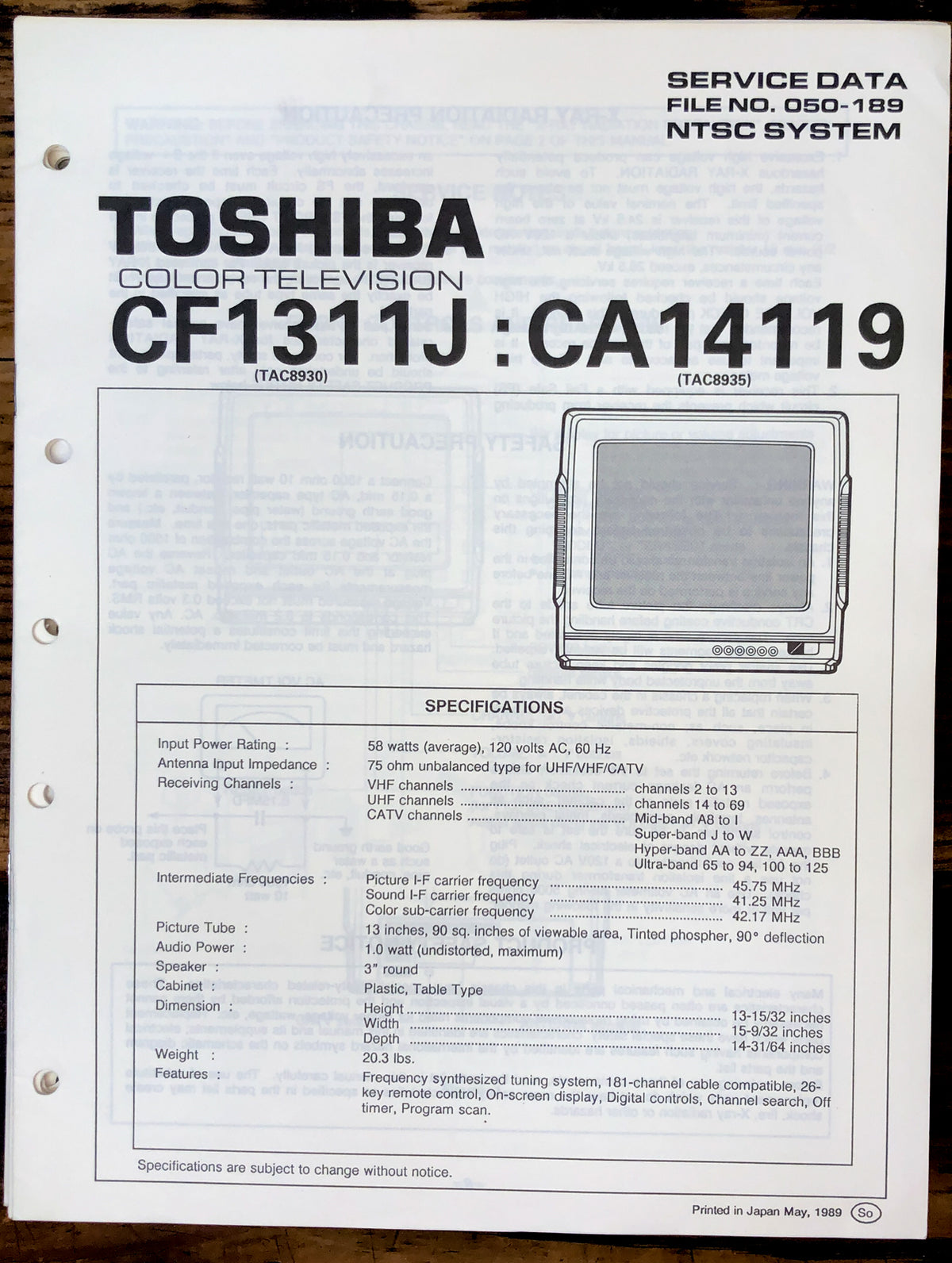 Toshiba CF1311J CA14119 TV Service Manual *Original*