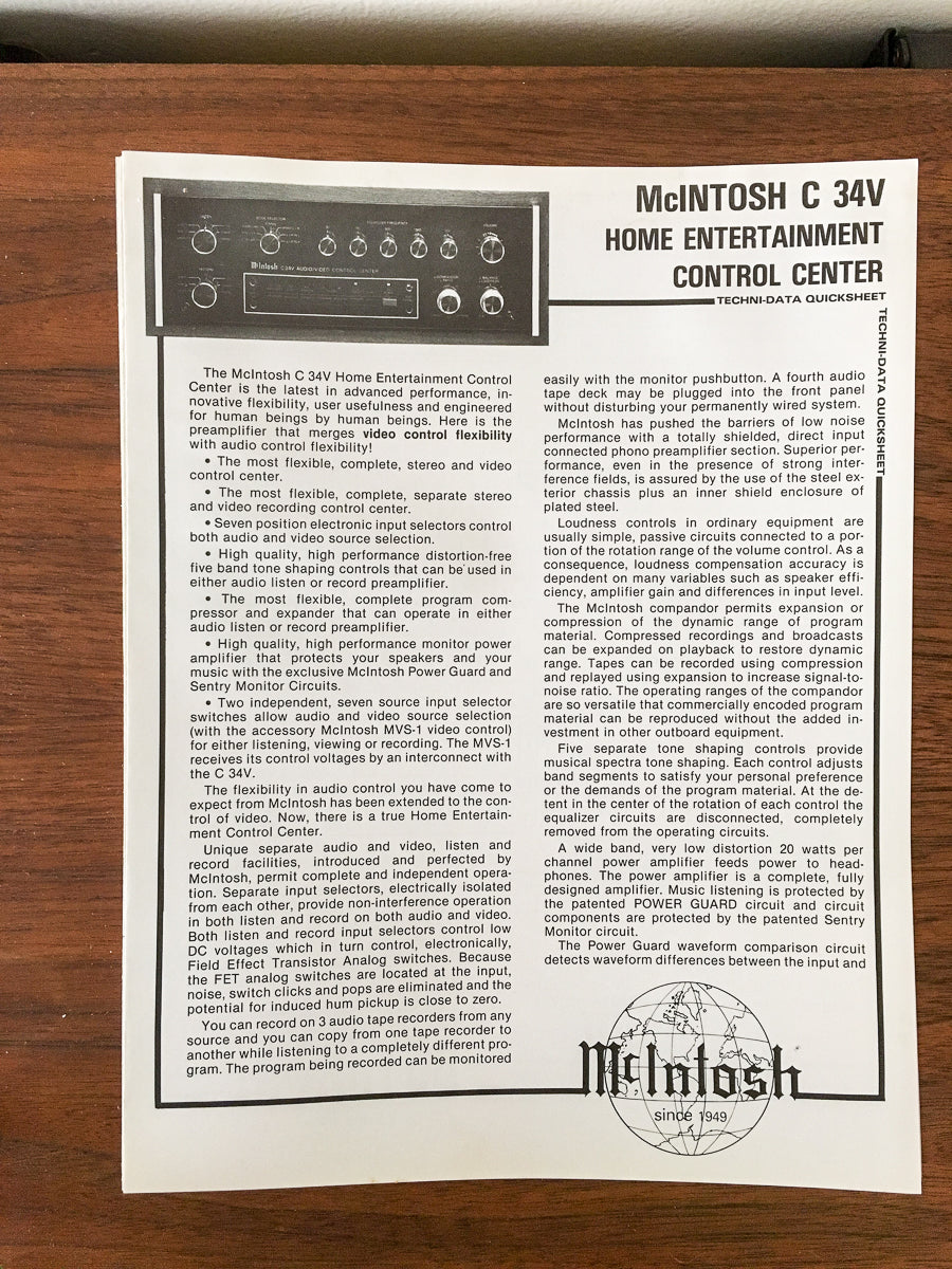 McIntosh C 34V / C34V Preamp Dealer Spec Sheet *Original*