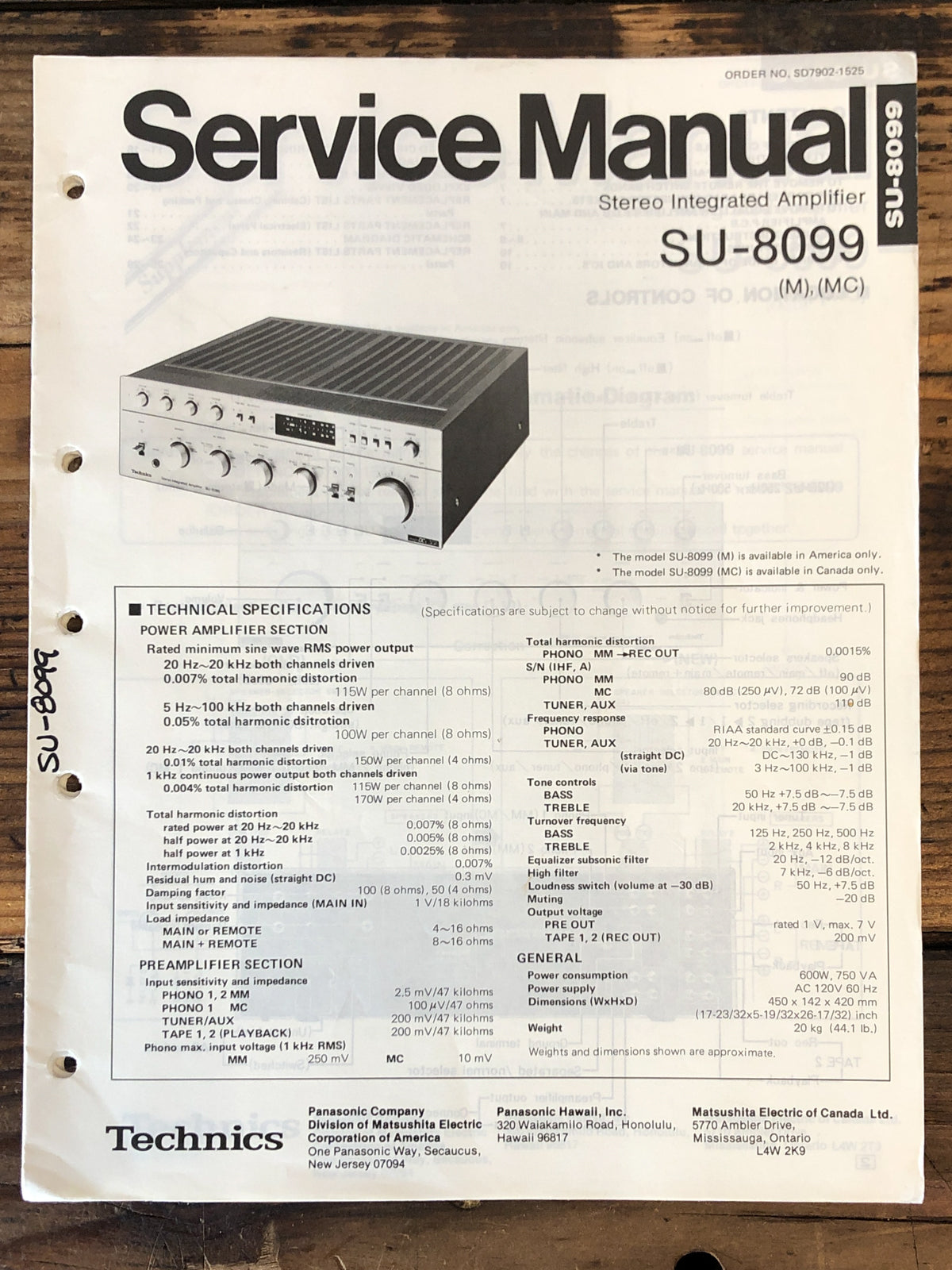 Technics SU-8099 Amplifier Service Manual *Original*
