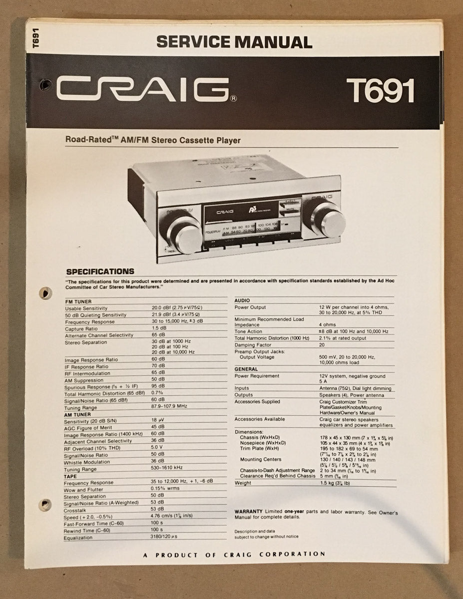 Craig Model T691 Car Stereo / Cassette Service Manual *Original*