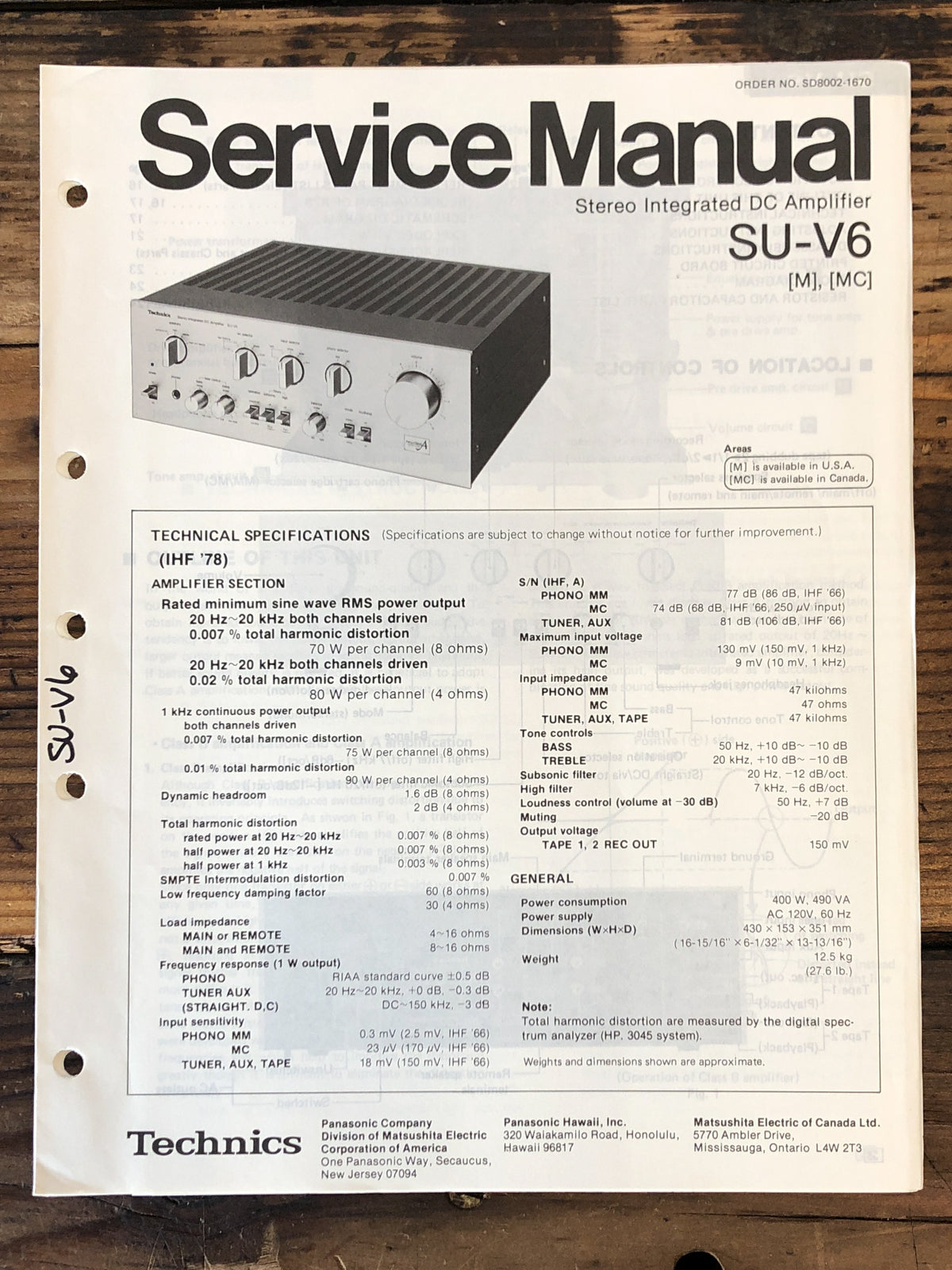 Technics SU-V6 Amplifier Service Manual *Original*