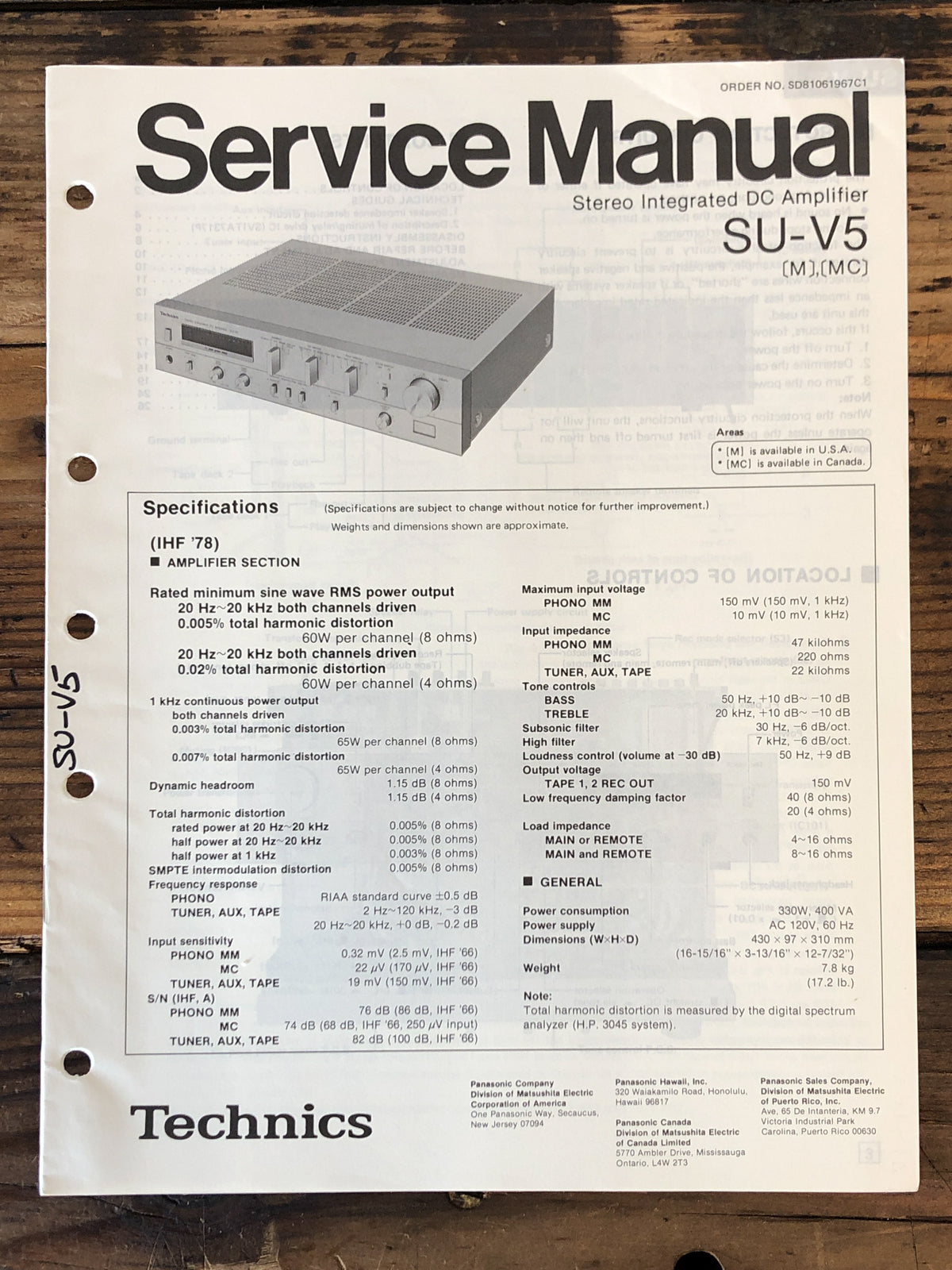 Technics SU-V5 Amplifier Service Manual *Original*