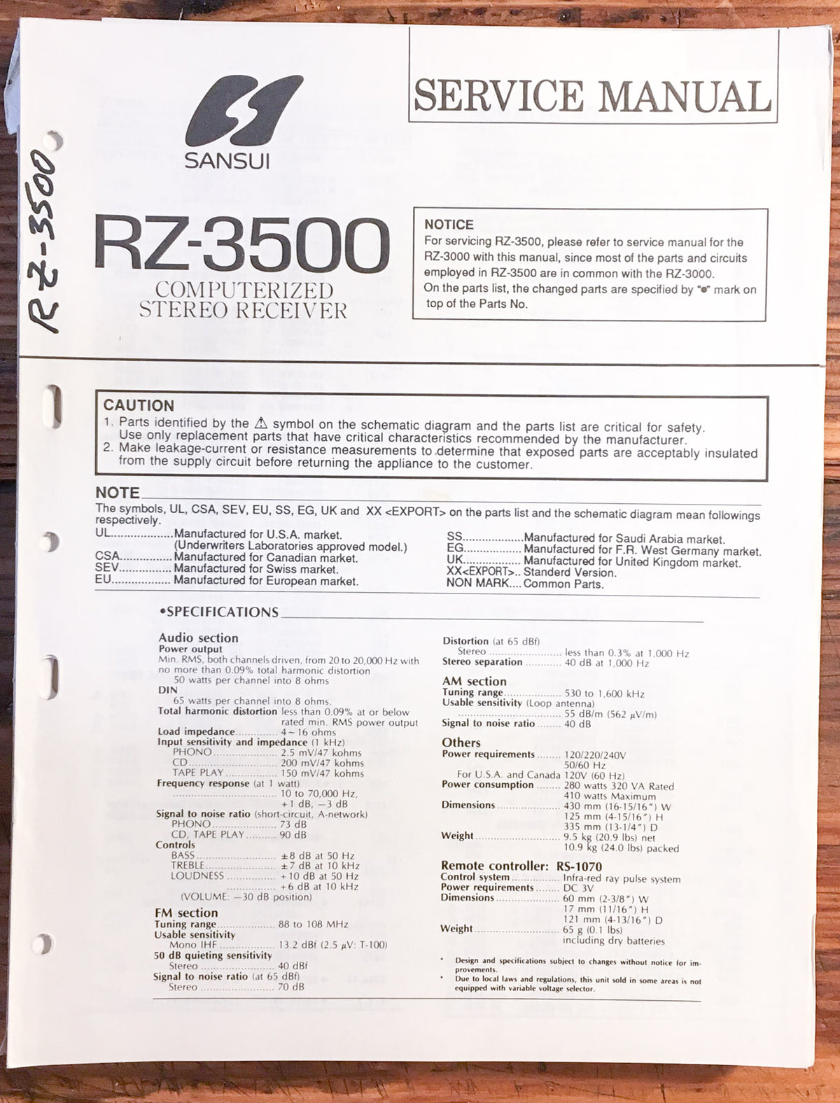 Sansui RZ-3500 Receiver Service Manual *Original*