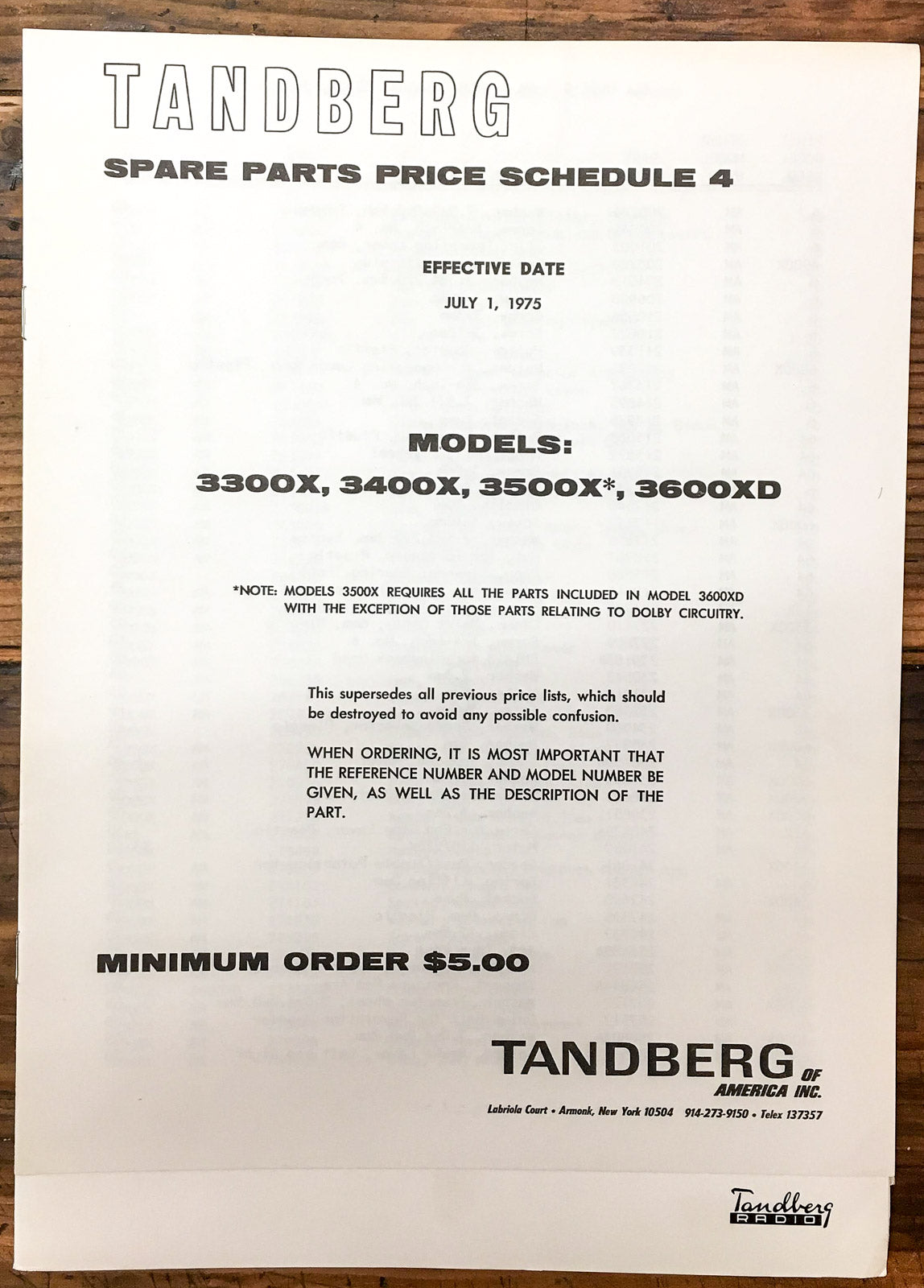 Tandberg 3300X 3400X 3500X 3600 XD Reel to Reel Parts List Manual *Original*