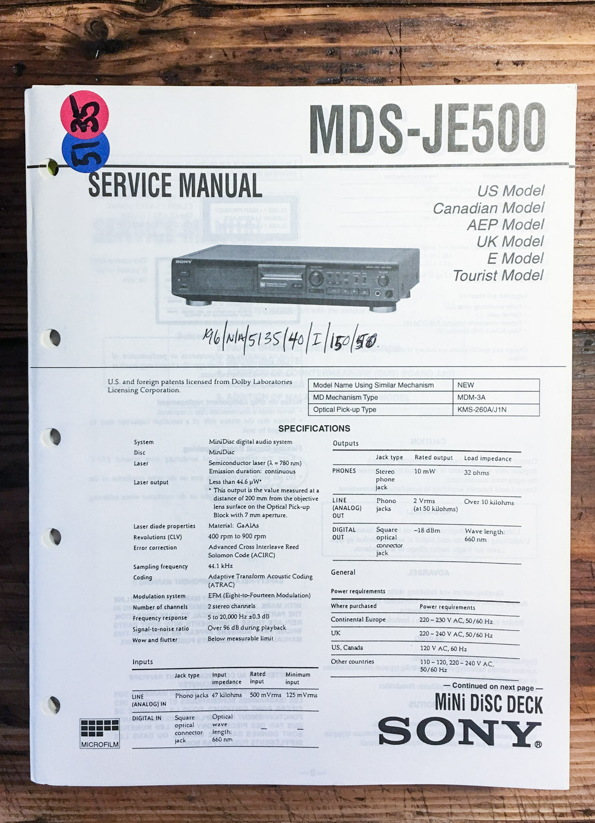 Sony MDS-JE500 Mini Disc MD Recorder Service Manual *Original*