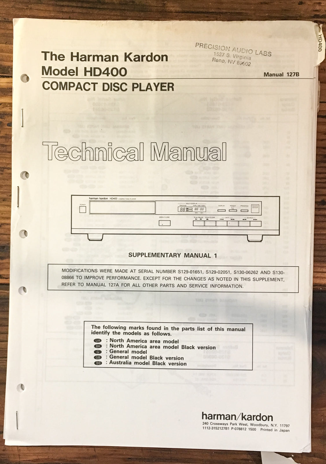 Harman Kardon HD400 HD-400 CD Player Service Manual Supplement *Original*