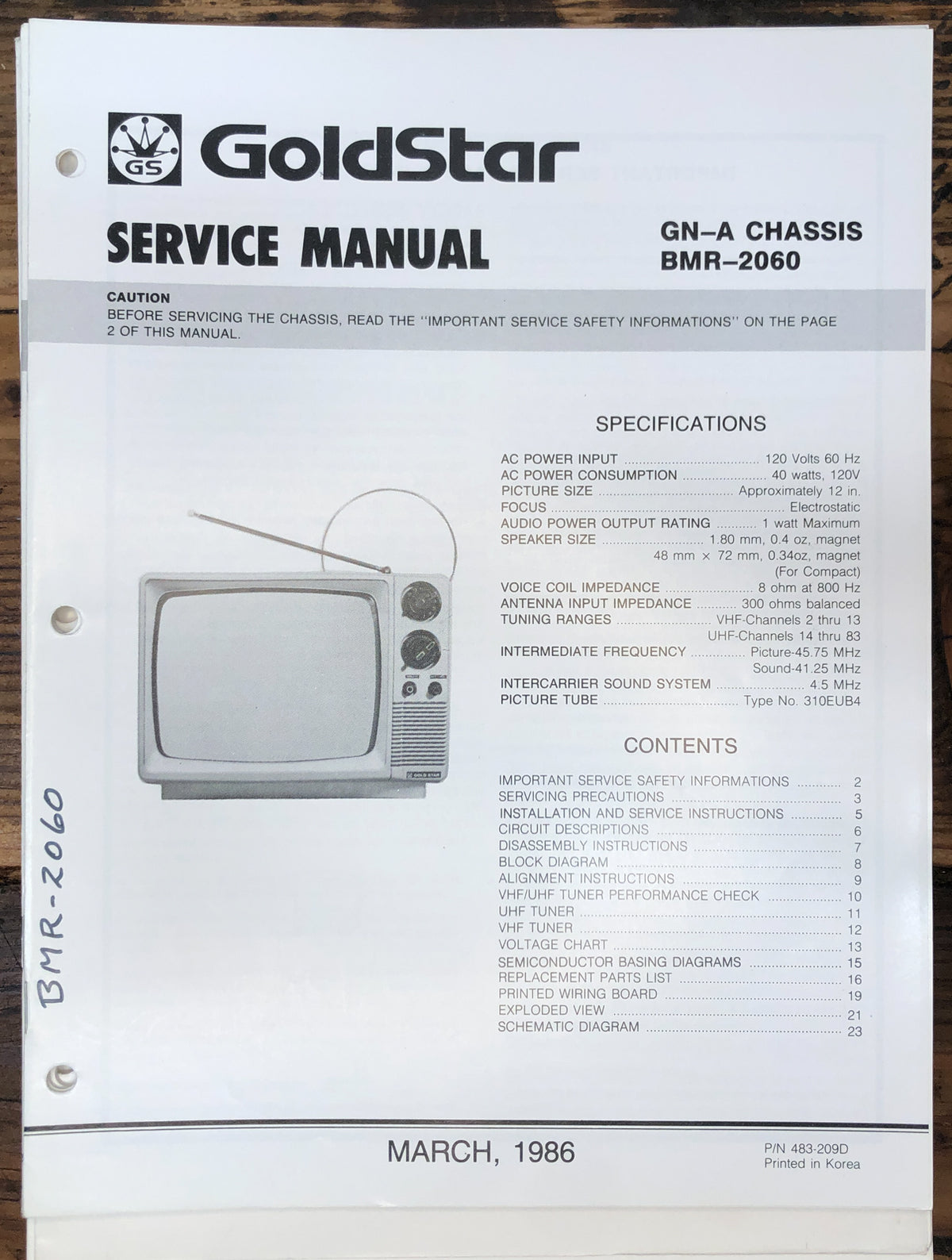 Goldstar BMR-2060 TV / Monitor Service Manual *Original*