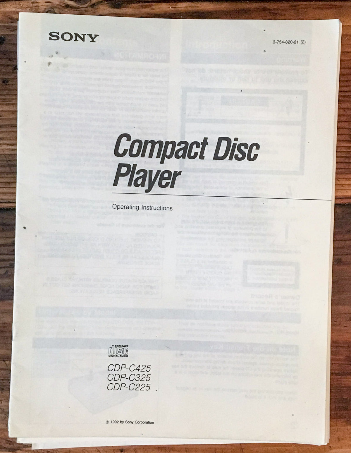 Sony CDP-C225 CDP-C325 CDP-C425 CD Player Owners / Instruction Manual *Original