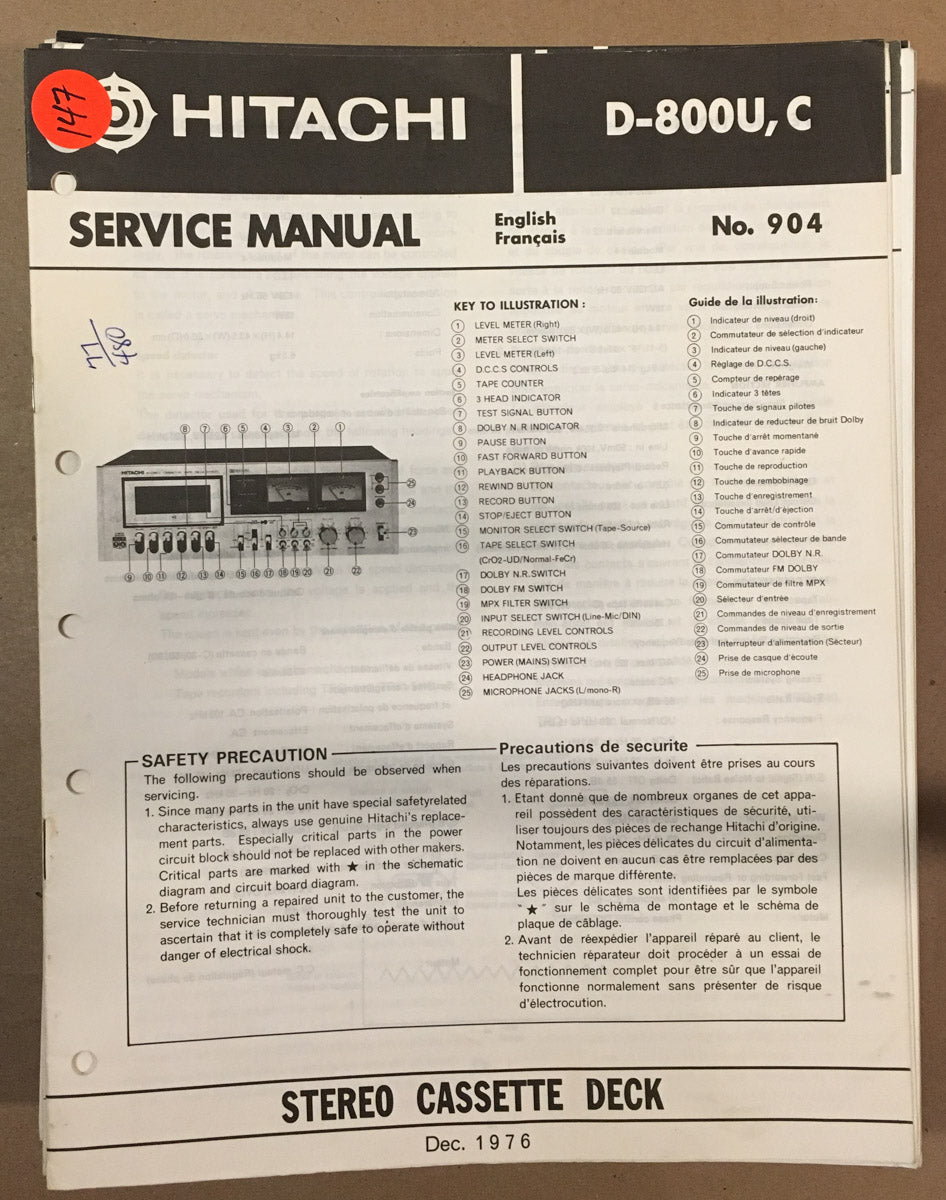 Hitachi D-800 Cassette Service Manual *Original*