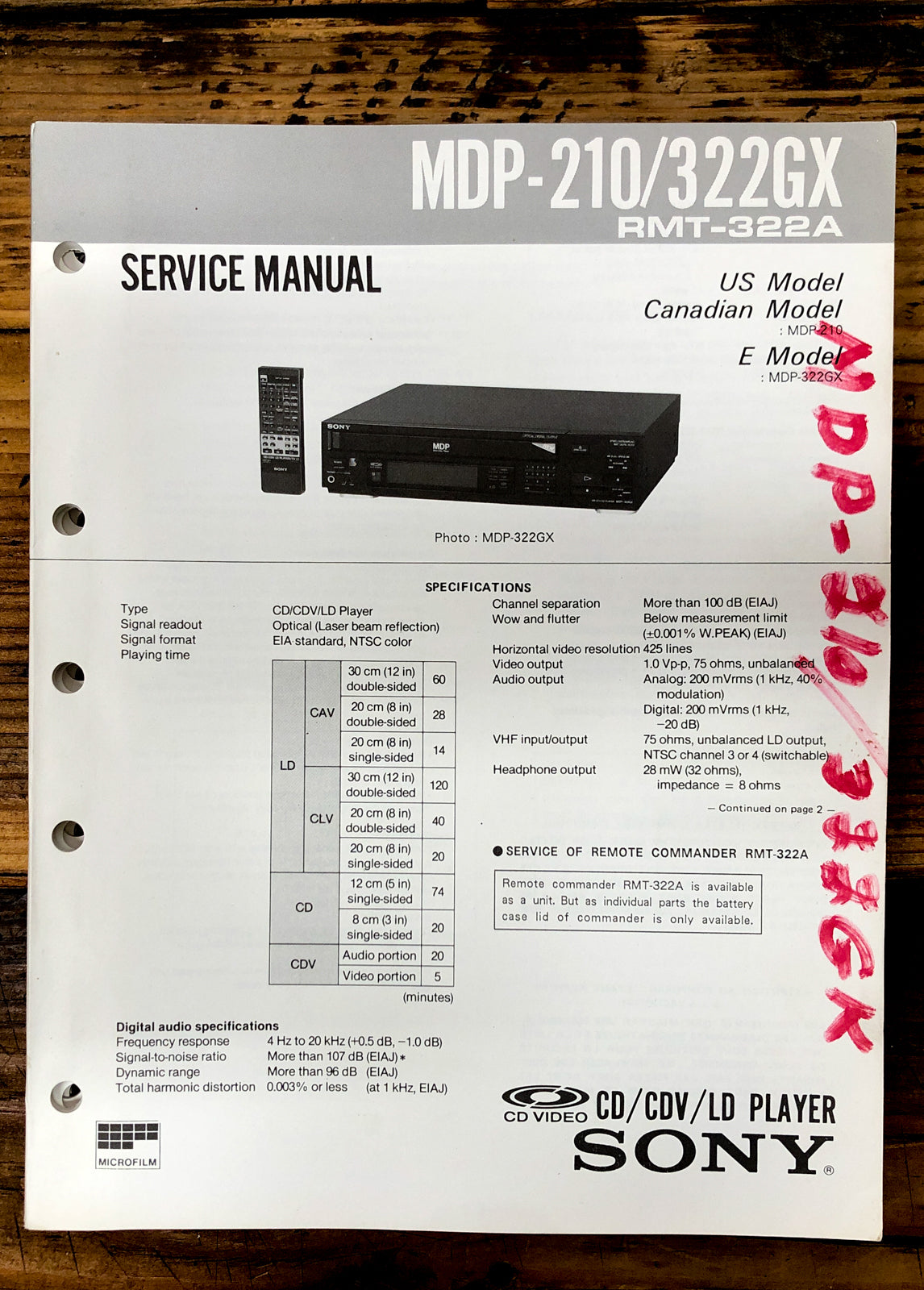Sony MDP-210 MDP-322GX Service Manual *Original*