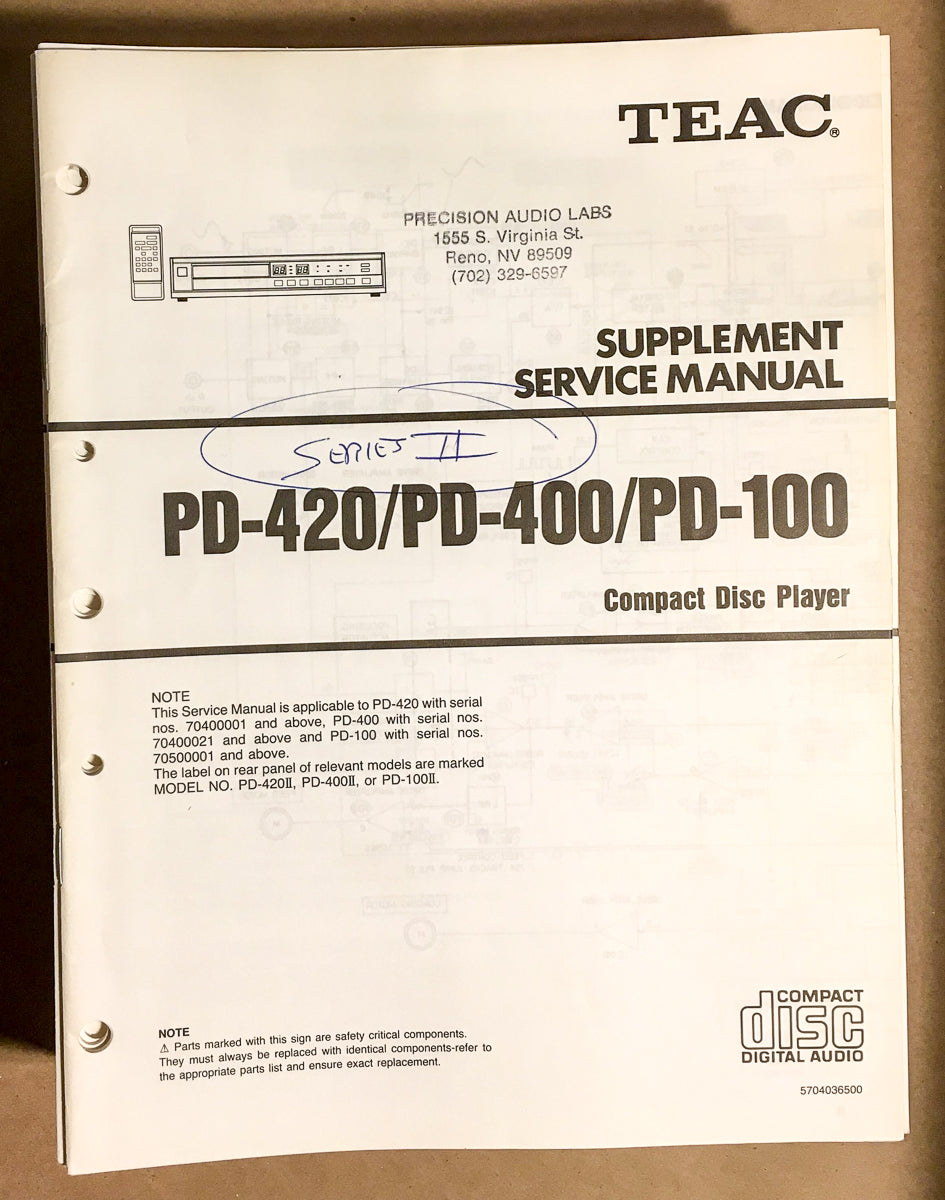 TEAC PD-420 PD-400 PD-100 CD Player Service Manual Supplement *Original* #2