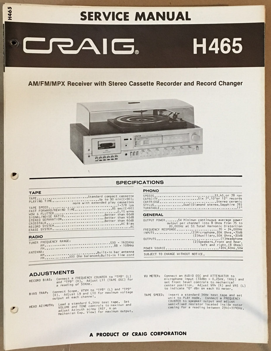 Craig Model H465 Stereo Service Manual *Original*