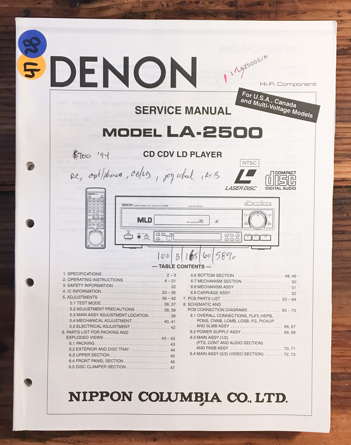 Denon LA-2500 Multi Laser Disc Player Service Manual *Original*