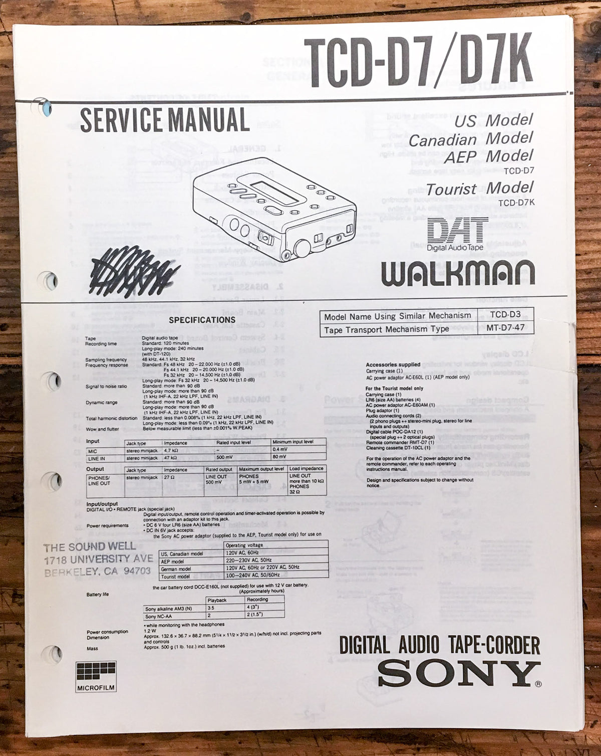 Sony TCD-D7 TCD-D7K Cassette Player Service Manual *Original* #2