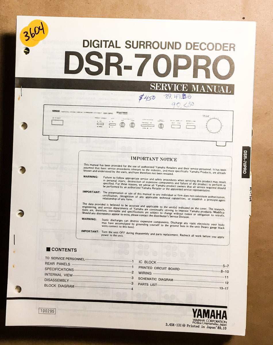 Yamaha DSR-70 PRO Surround Decoder Service Manual *Original*