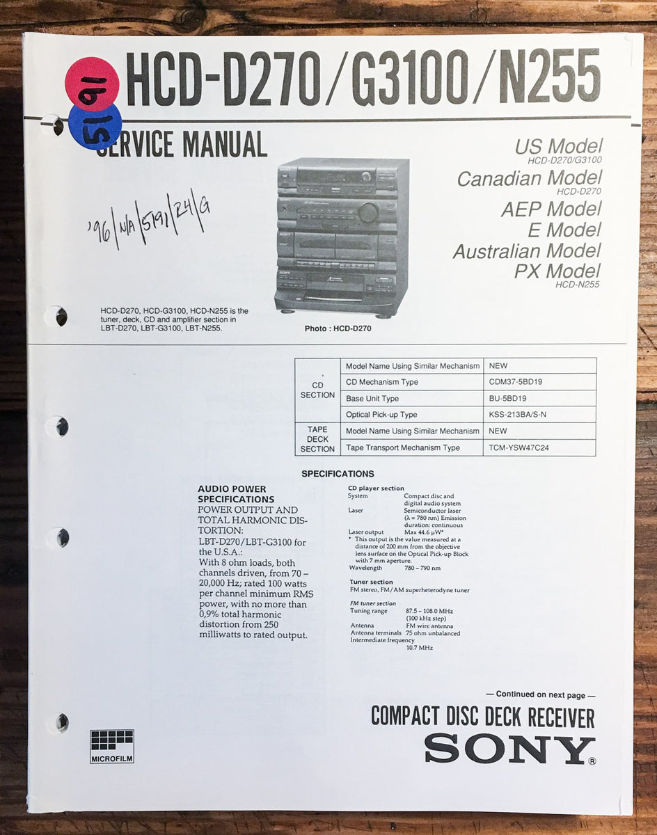 Sony HCD-D270 HCD-G3100 HCD-N255 Stereo Service Manual *Original