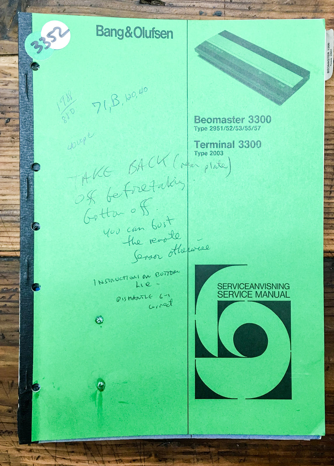 B&O Bang Olufsen Beomaster 3300 Terminal 3300 Receiver Service Manual *Original