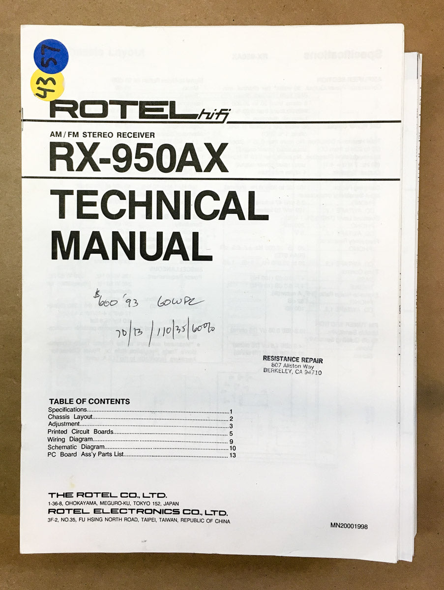 Rotel RX-950 AX RX-950AX Receiver Service Manual *Original*