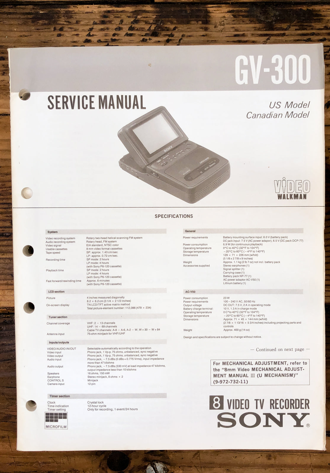Sony GV-300 Video 8 Cassette Player Service Manual *Original*
