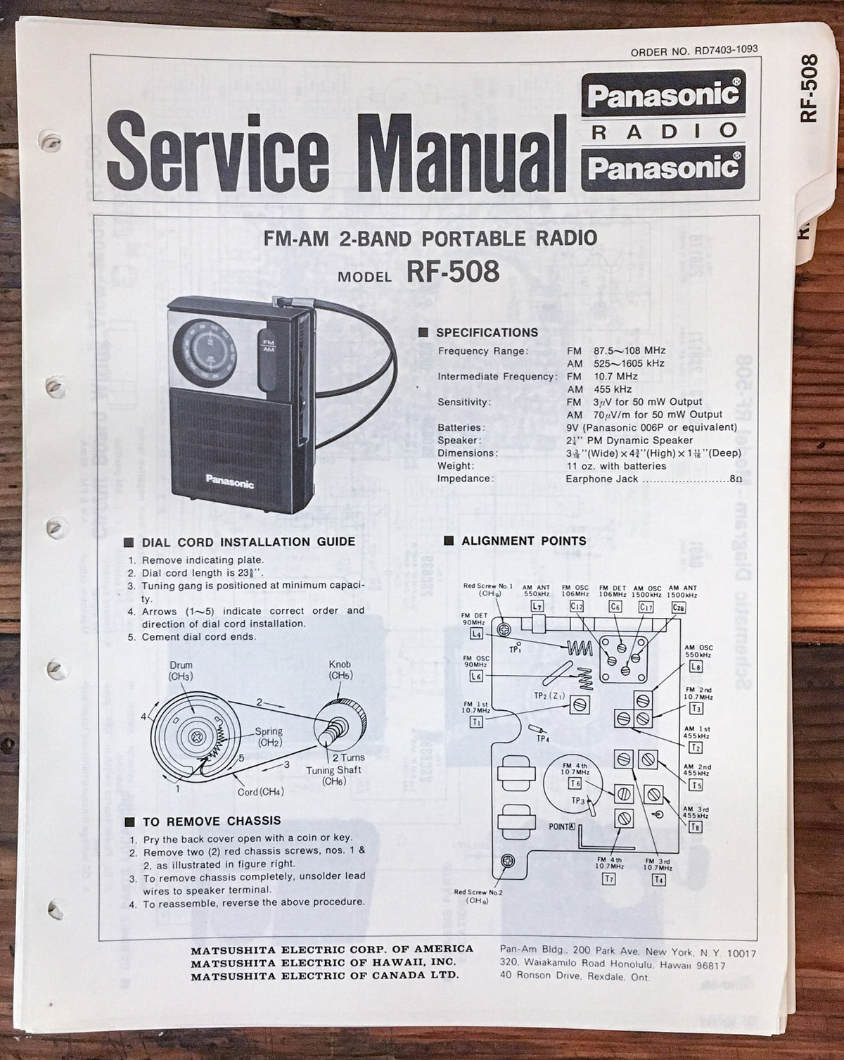 Panasonic RF-508 Radio Service Manual *Original*