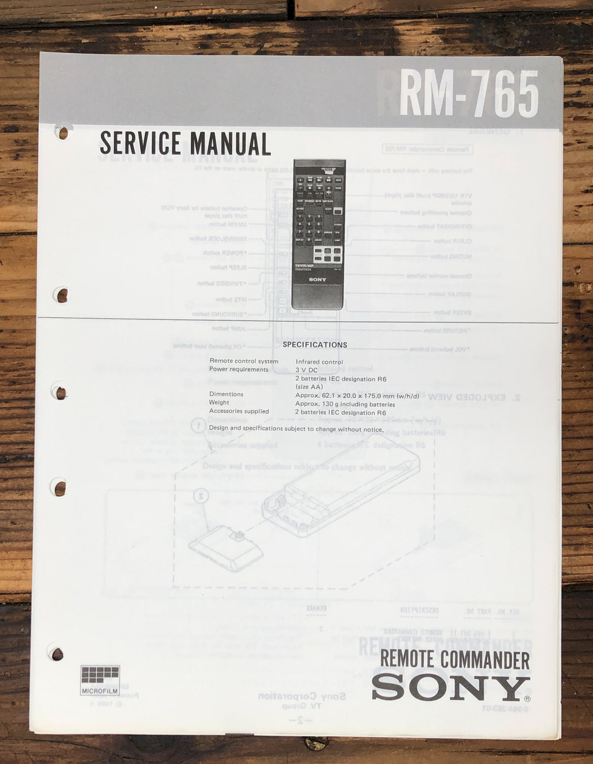 Sony RM-765 Remote Control Service Manual *Original*