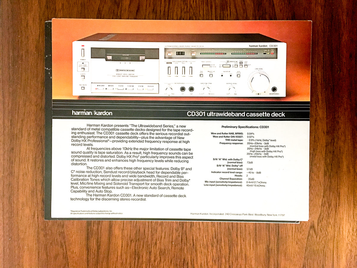 Harman Kardon CD301 / CD 301 Cassette Dealer Sales Sheet / Specs *Original*