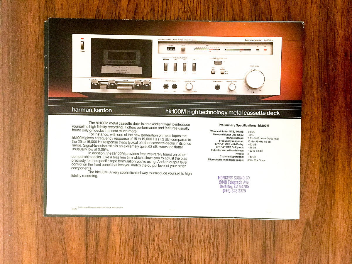 Harman Kardon HK100M / HK 100 M Cassette Dealer Sales Sheet / Specs *Original*