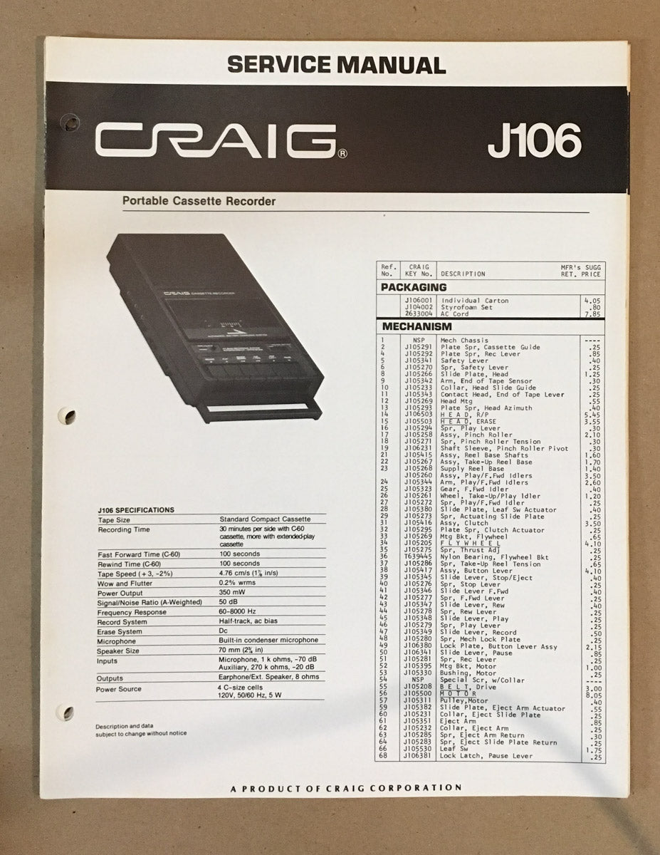 Craig Model J106 Cassette Service Manual *Original*