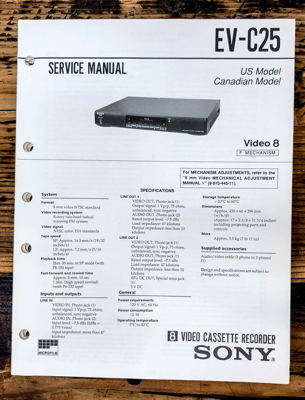 Sony EV-C25 Video 8 VCR Service Manual *Original*
