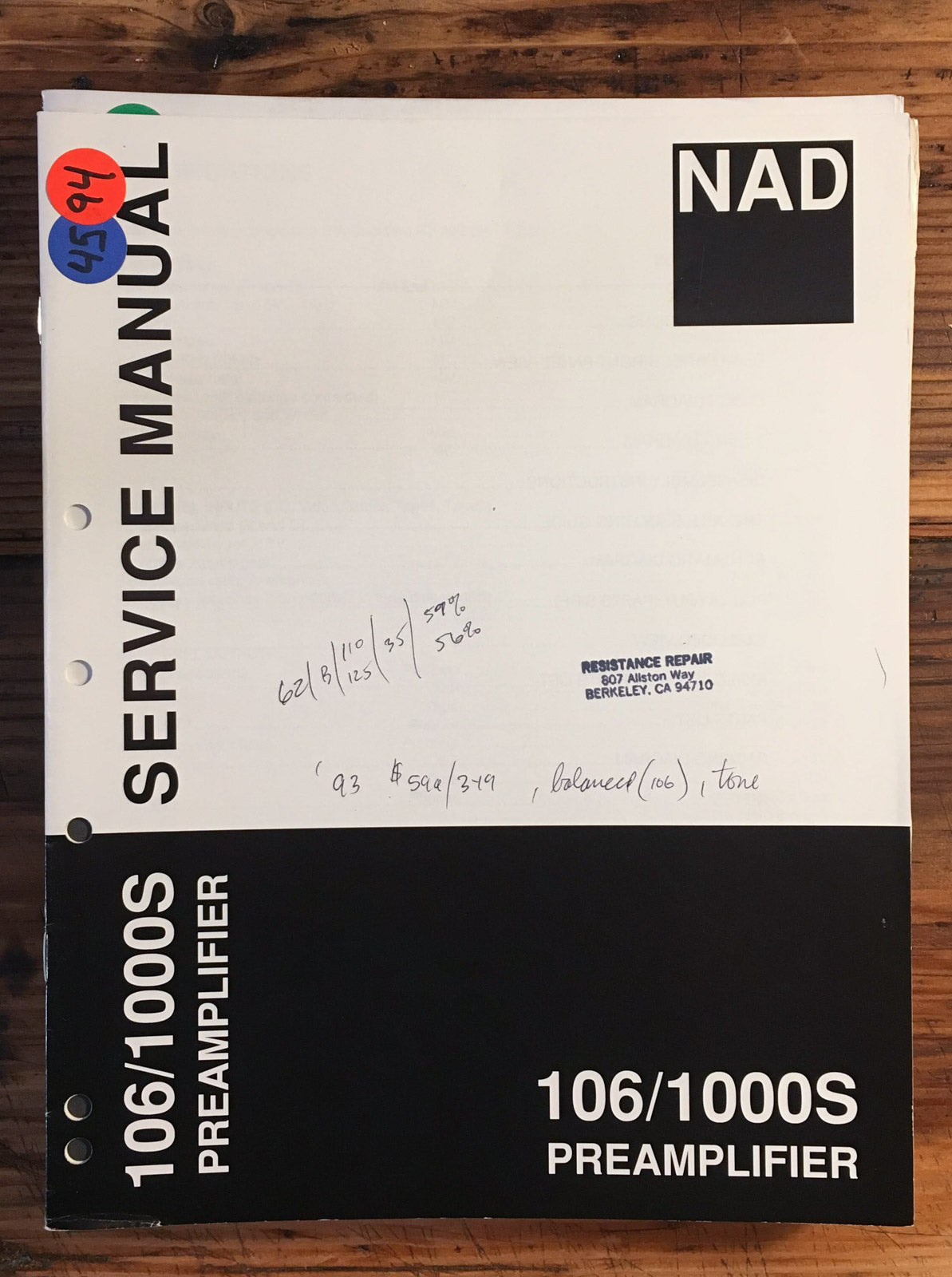 NAD Model 106 / 1000S Preamplifier / Preamp Service Manual *Original*