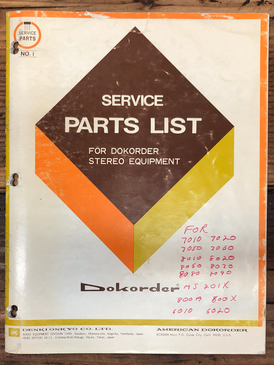 Parts List Manual *Original* Vintage Audio Store Vintage Service