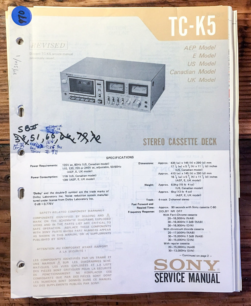 Sony TC-K5 Cassette Deck Service Manual *Original* – Vintage Audio 